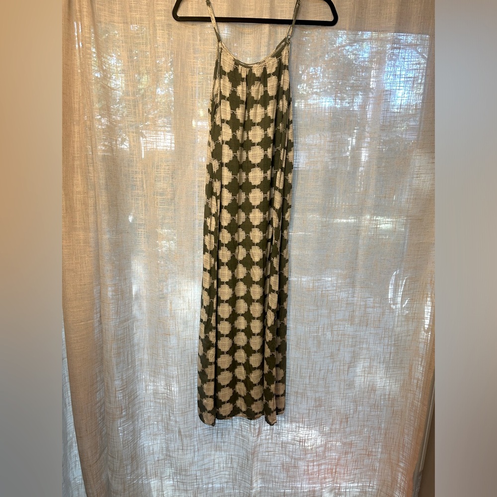 Merona Patterned Ivory and Green Strappy 70’s Retro Long Maxi Dress size Small. - Picture 4 of 7
